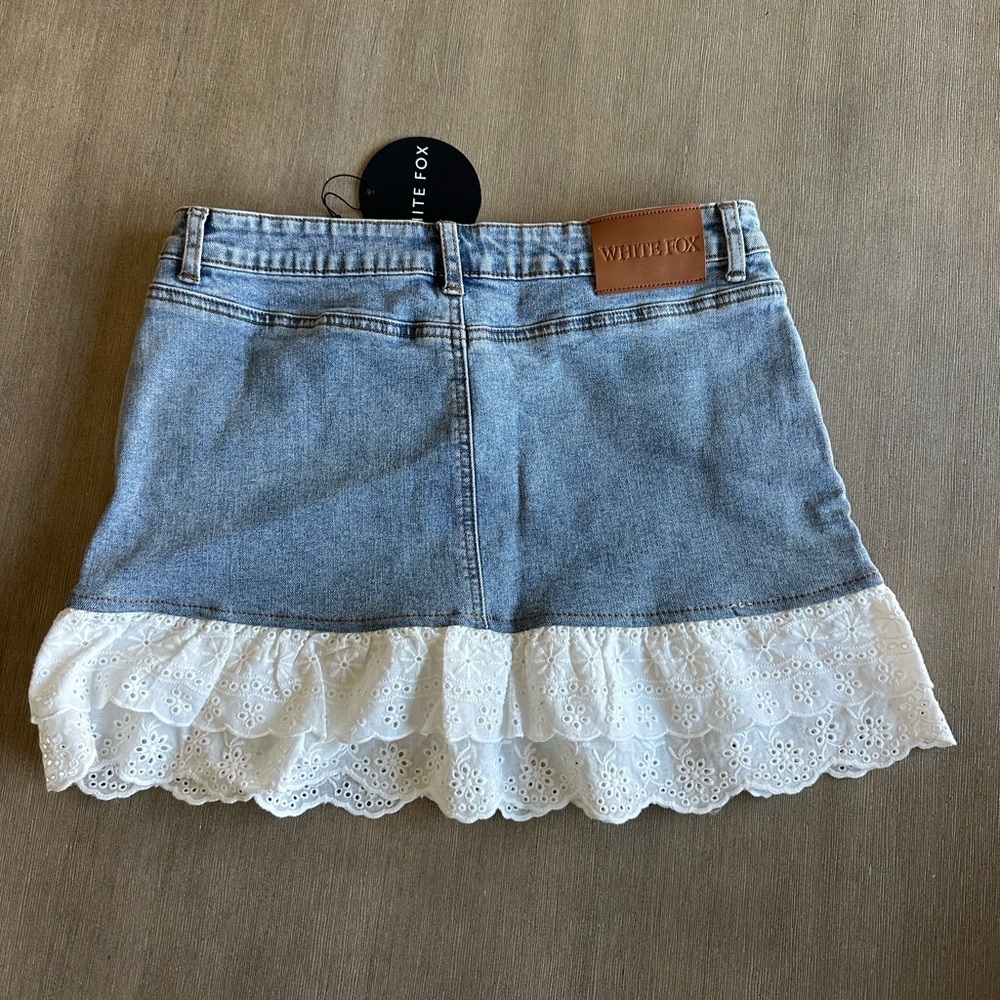 White Fox Boutique Denim Skirt with Lace Trim - Picture 5 of 6